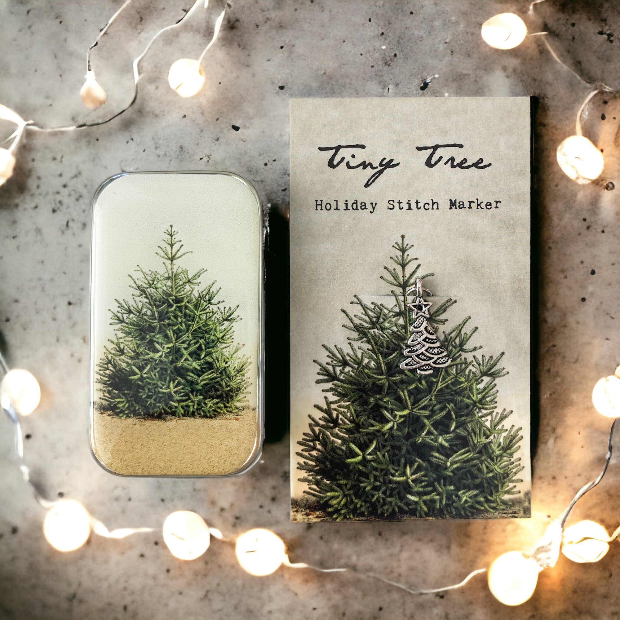 Tiny tree tin and stitch marker combo