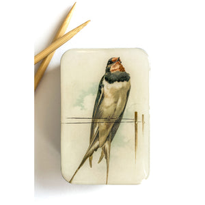 Handcrafted Vintage French Swallow Illustrated Stitch Marker Notions Tin with Resin Top
