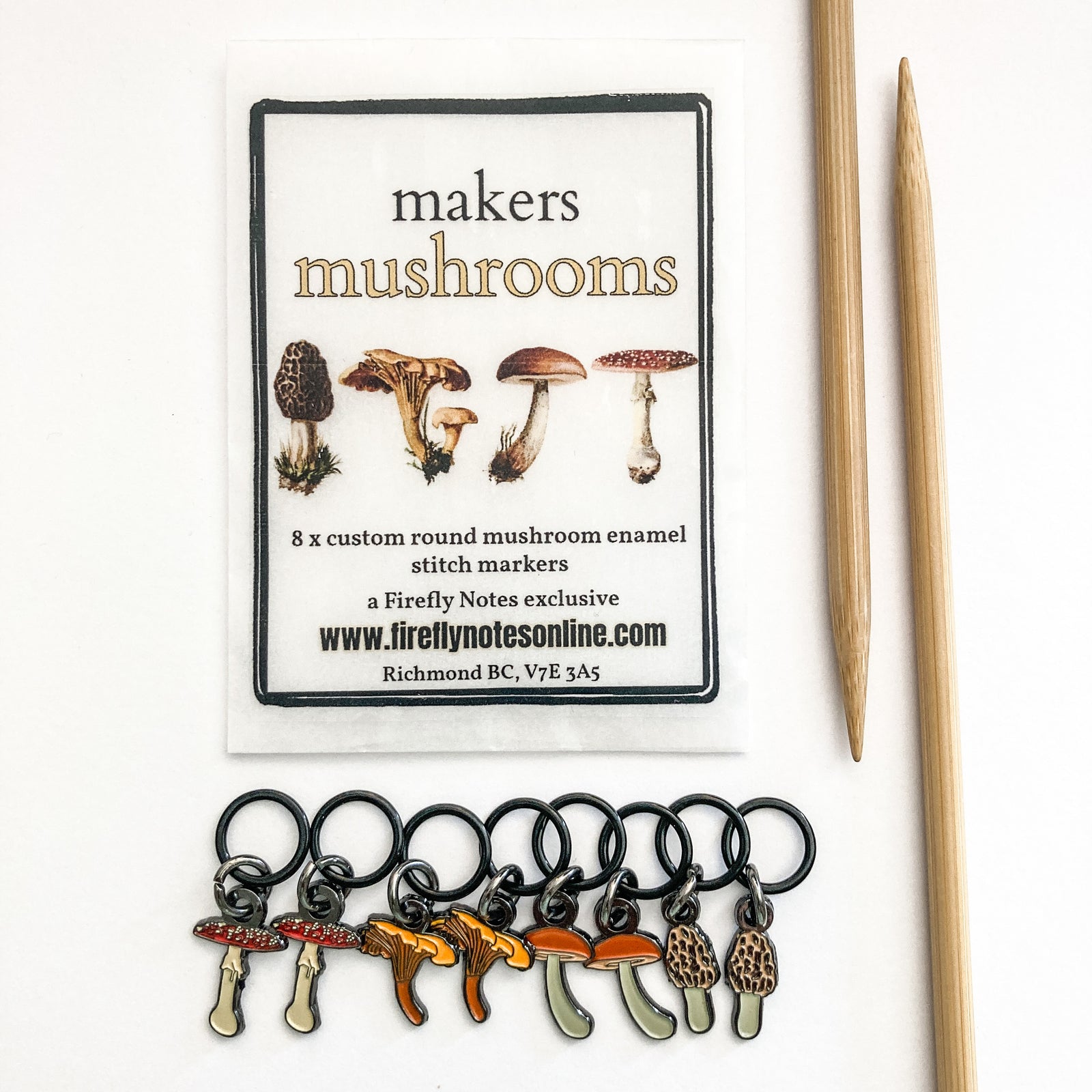 Makers mushrooms, Exclusive custom Firefly Notes enamel stitch markers