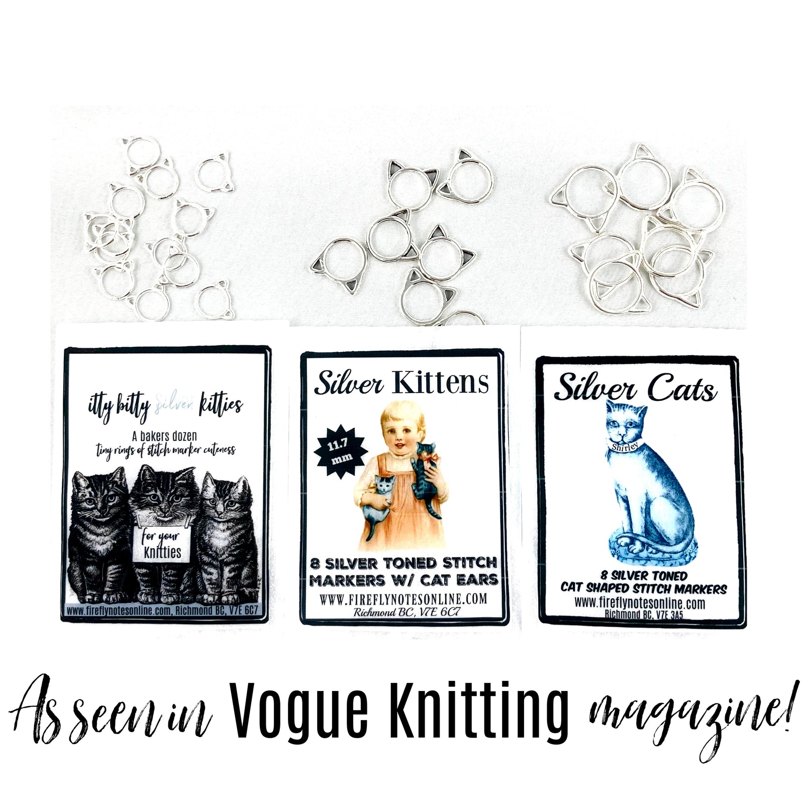 Cat stitch markers, small, med or large, multi colours, knitting gift, As seen in Vogue Knitting!