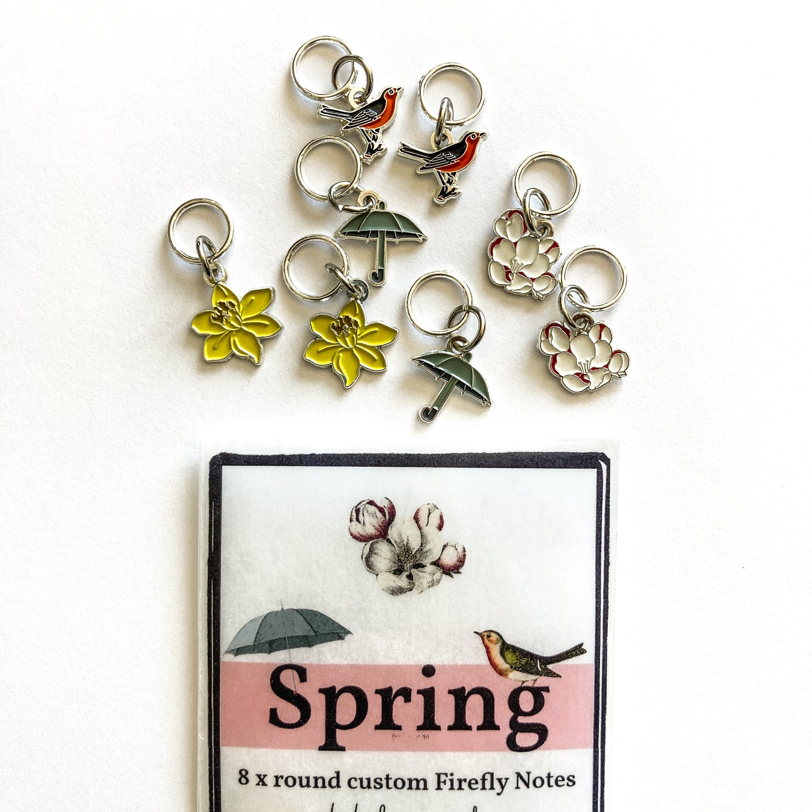 Spring stitch markers for knitting, custom Firefly Notes stitch markers