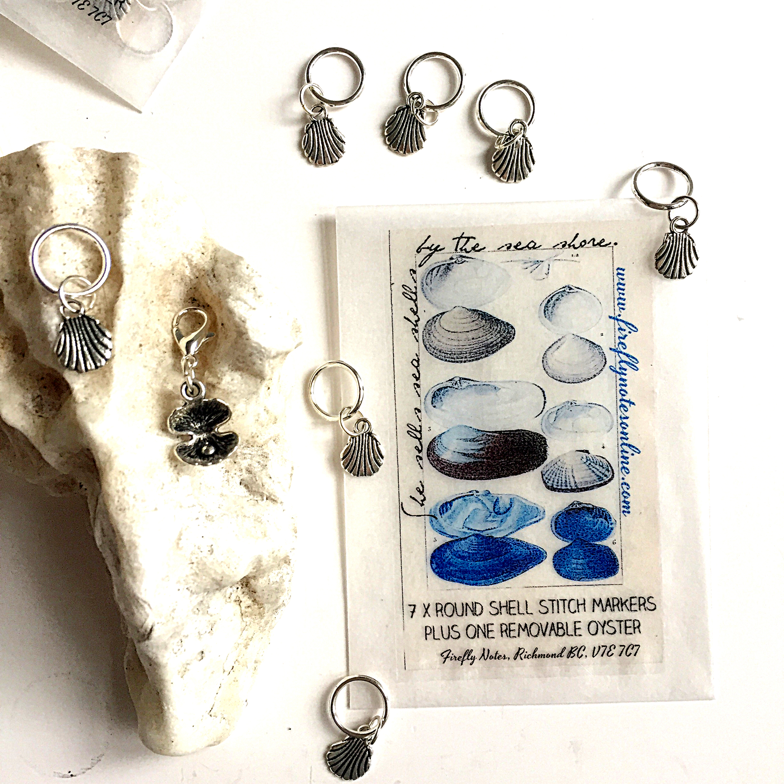 Seashell stitch markers, 10 mm snag free plus one removable, knitting notions